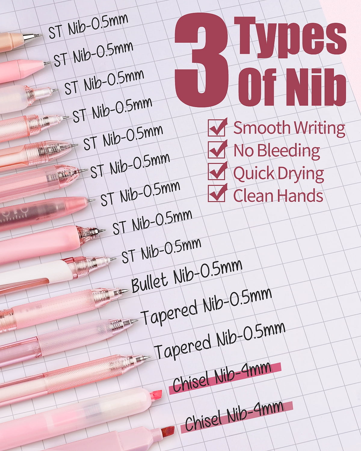 Four Candies 14Pack Pastel Gel Ink Pen Set,Cute Retractable 0.5mm Fine Point Pen,12 Pack Black Ink Pens with 2Pack Highlighter, Smooth Writing Pens(Pink)