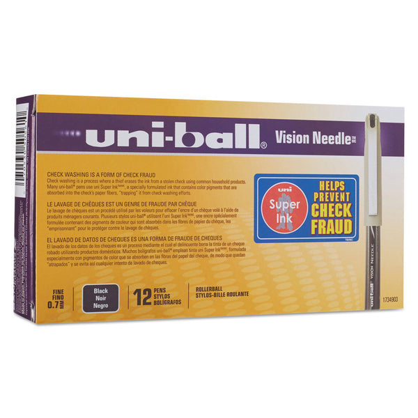 uni-ball® Vision™ Needle Liquid Ink Rollerball Pens, Fine Point, 0.7 mm, Gray Barrel, Black Ink, Pack Of 12