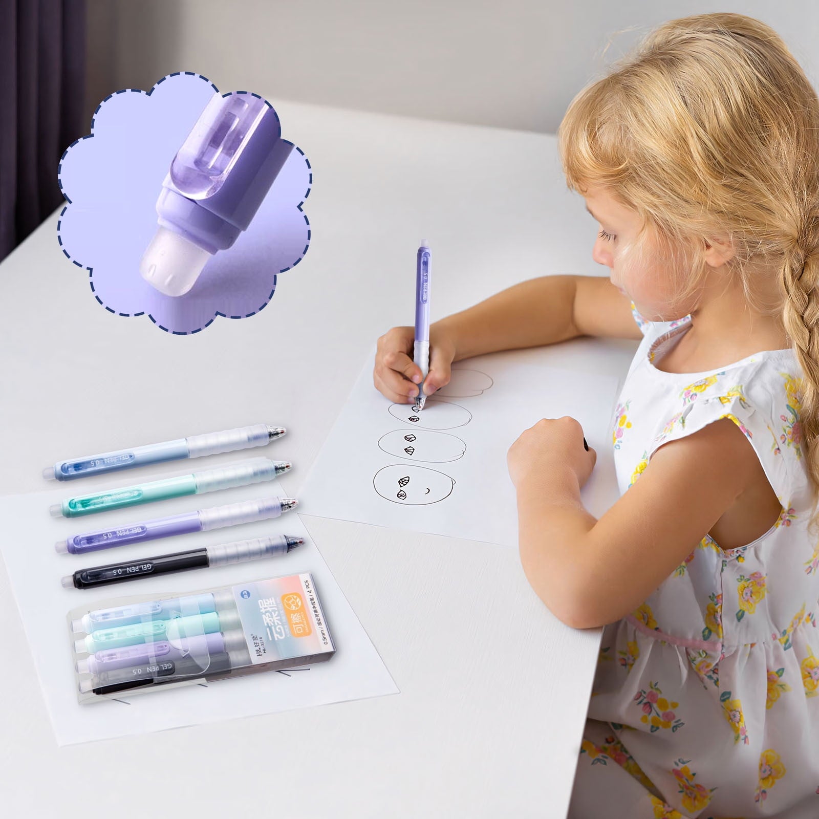 HongHeng Erasable Pens Blue Ink Gel Pen with Eraser Clear, 0.5mm Fine Point, Smooth Writing for Note Taking Marking Planner Crossword Puzzles (4PCS)