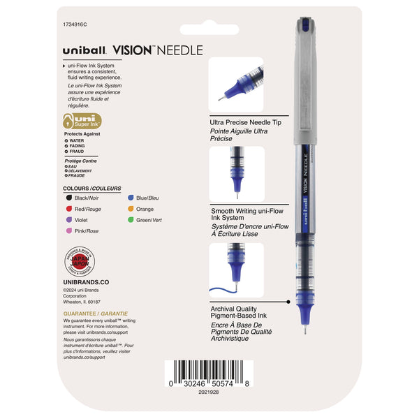 Uniball Vision Needle Rollerball Pens, Fine Point (0.7mm), Assorted Color Ink, 8 Count