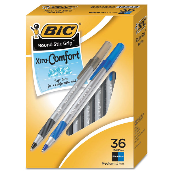 BIC Round Stic Grip Xtra Life Ball Pen, Medium Point (1.2mm), Blue, 36-Count