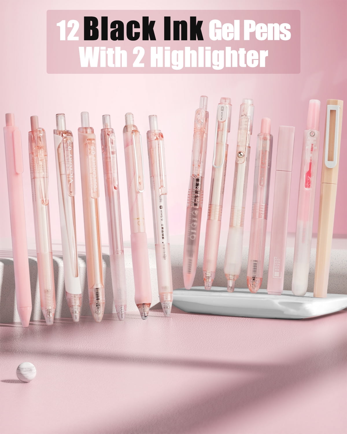 Four Candies 14Pack Pastel Gel Ink Pen Set,Cute Retractable 0.5mm Fine Point Pen,12 Pack Black Ink Pens with 2Pack Highlighter, Smooth Writing Pens(Pink)