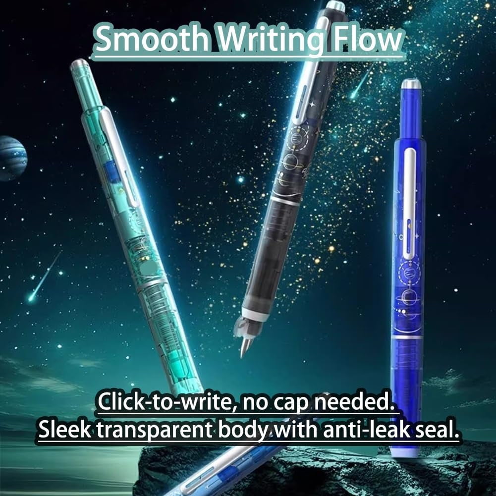 Fountain Pen Retractable, Blue&black Ink Medium Nib Transparent Barrel, 0.38mm Fountain Pen Retractable, 5 Refillable Ink Cartridges, Leak-Proof, Ergonomic Grip for Smooth Writing