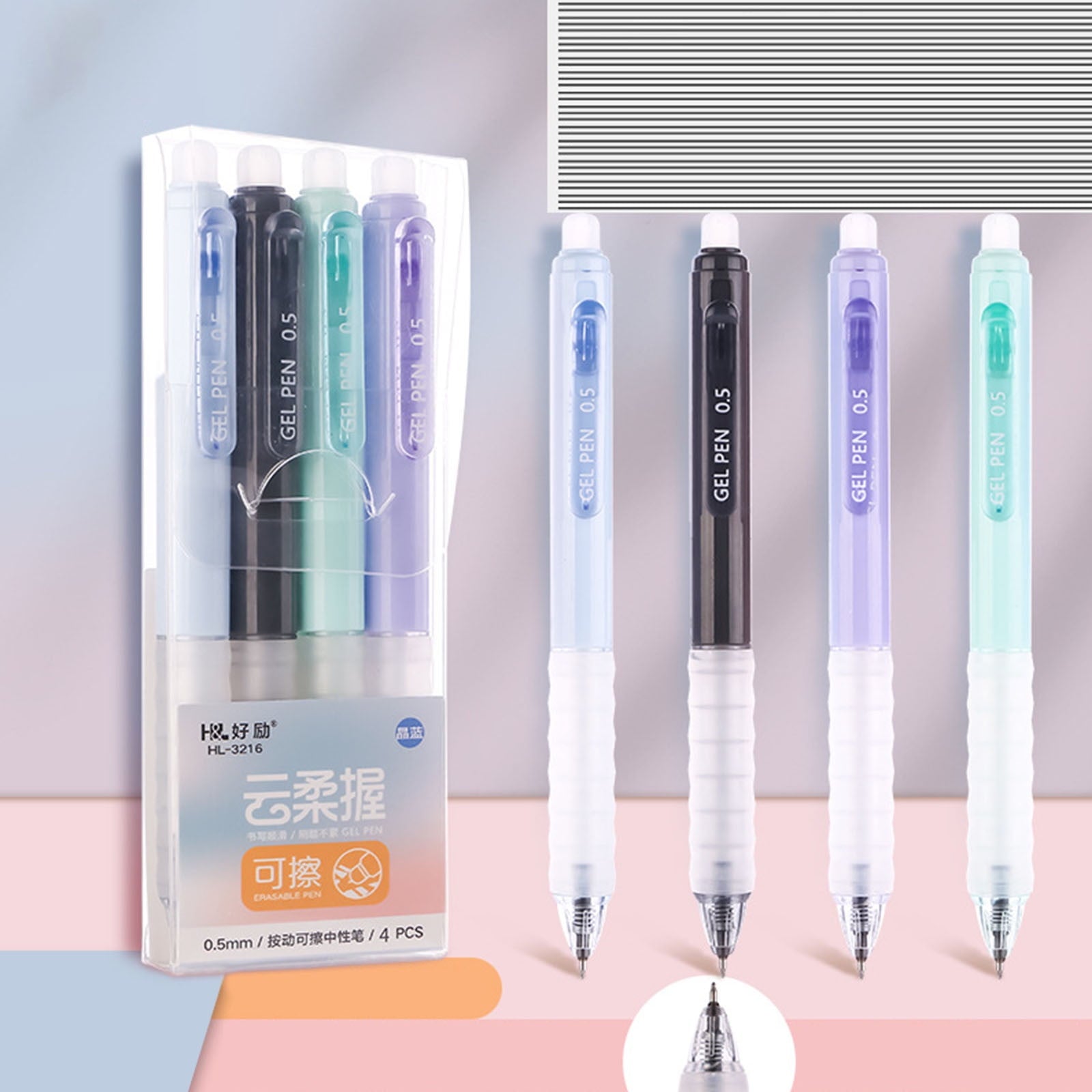 HongHeng Erasable Pens Blue Ink Gel Pen with Eraser Clear, 0.5mm Fine Point, Smooth Writing for Note Taking Marking Planner Crossword Puzzles (4PCS)