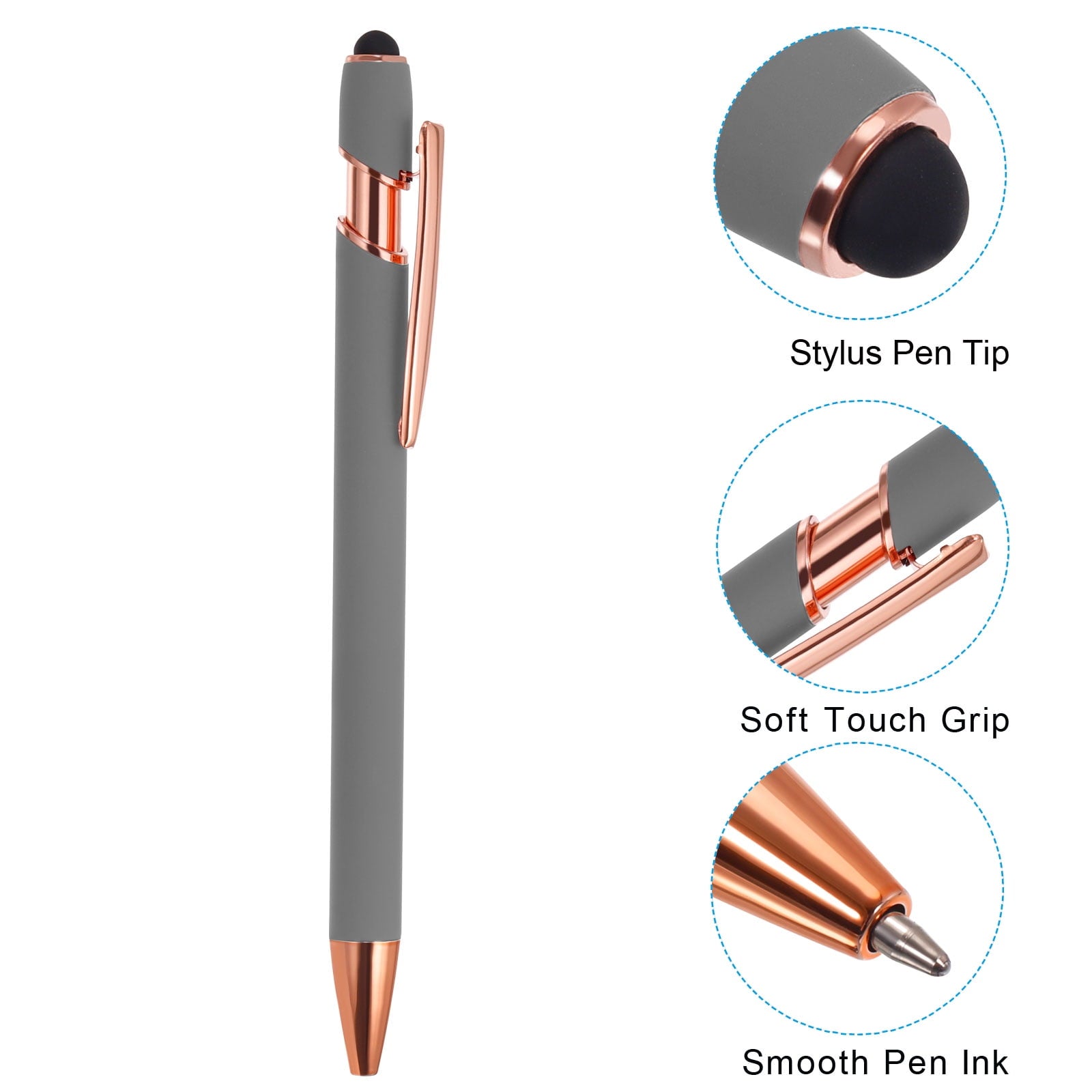 Uxcell Ballpoint Pen with Stylus Tip Metal Pen Black Ink 1.0mm Medium Point Stylus Pen Style 2, Gray 6 Pack