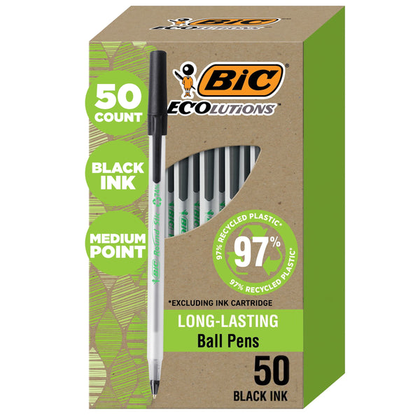 BIC Ecolutions Round Stic Ball Point Pen, Black, 1.0mm Medium Point, 50 Pack