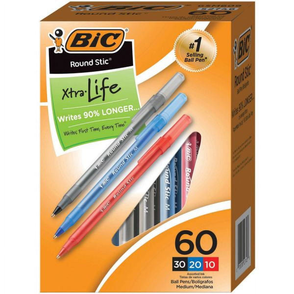 BIC Round Stic Ballpoint Pens, Medium Point, 1.0 mm, Assorted Ink Colors, 60 Count