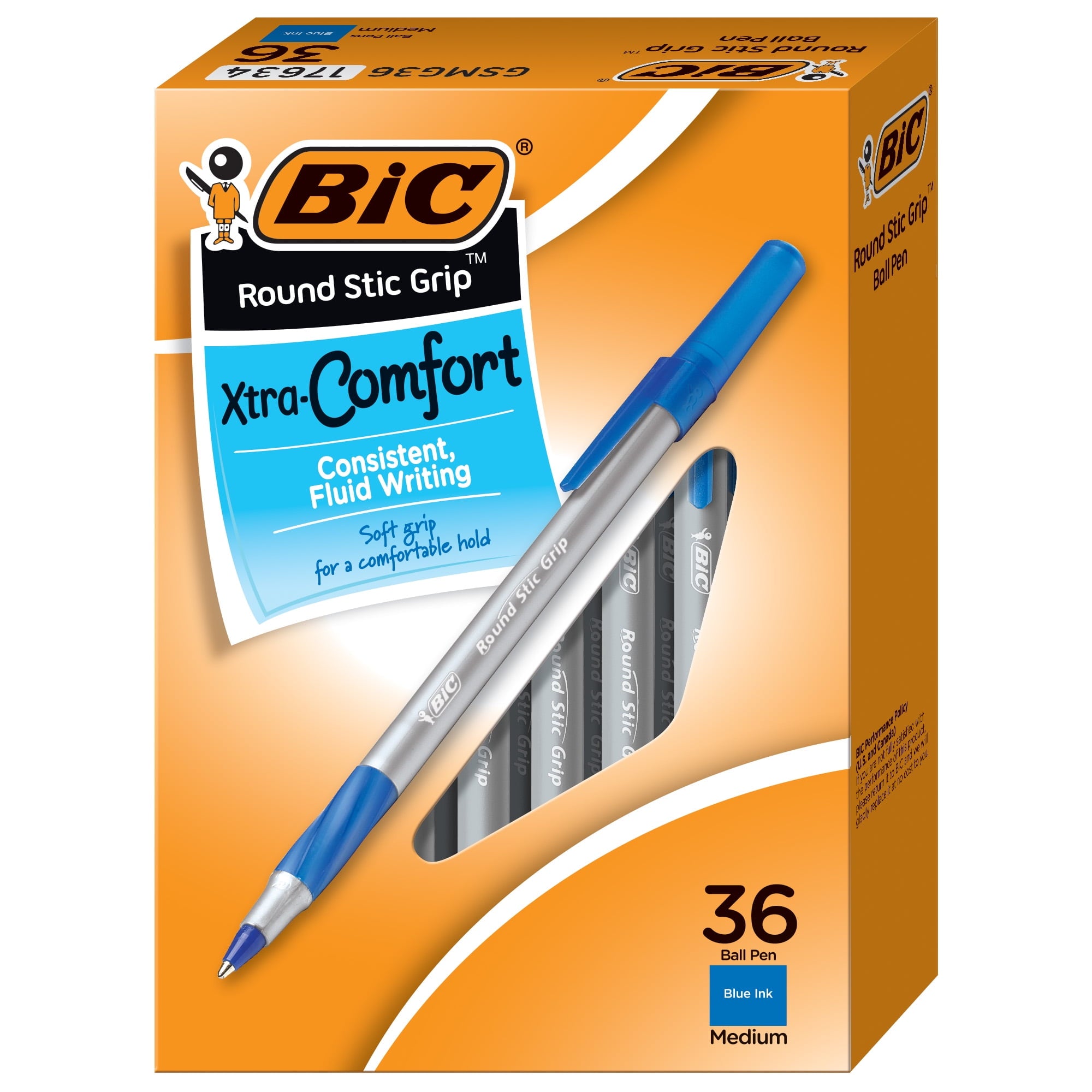 BIC Round Stic Grip Xtra Life Ball Pen, Medium Point (1.2mm), Blue, 36-Count