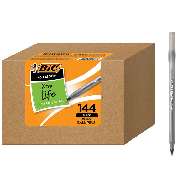 BIC Round Stic Xtra Life Ballpoint Pen, Medium Point, 1.00 mm, Black Ink, 144 Count