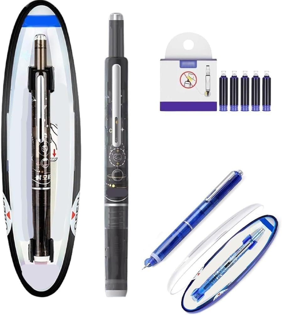 Fountain Pen Retractable, Blue&black Ink Medium Nib Transparent Barrel, 0.38mm Fountain Pen Retractable, 5 Refillable Ink Cartridges, Leak-Proof, Ergonomic Grip for Smooth Writing
