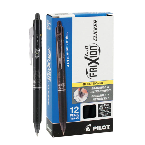 Pilot® FriXion Clicker Erasable Gel Pens, Fine Point, 0.7 mm, Black Barrels, Black Ink, Pack Of 12