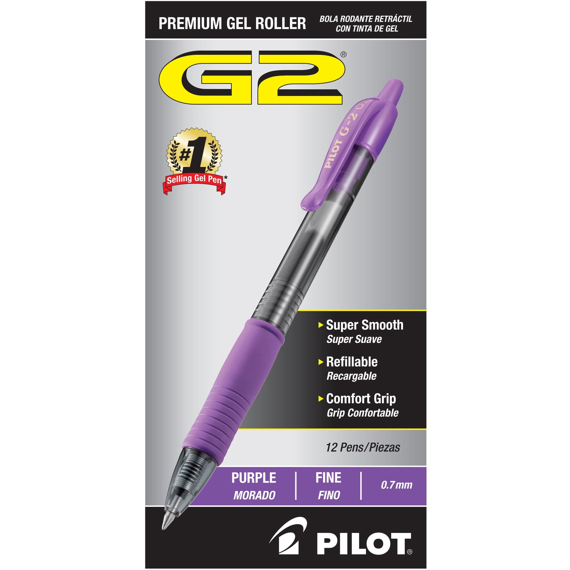 Pilot® G-2® Retractable Gel Pens, Fine Point, 0.7 mm, Clear Barrels, Purple Ink, Pack Of 12