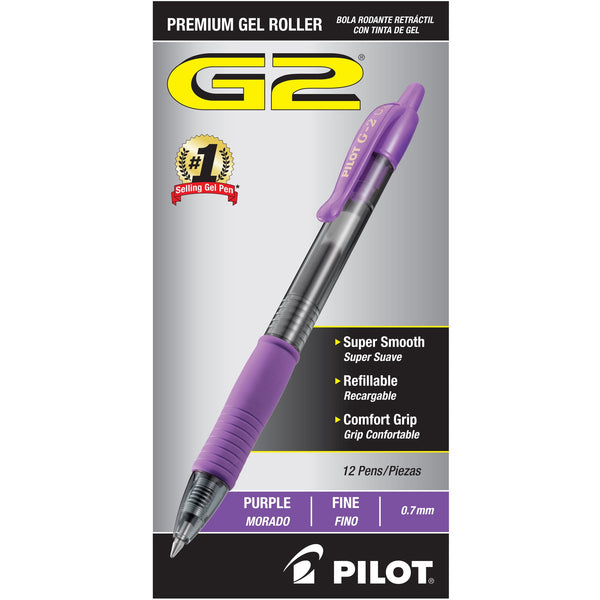 Pilot® G-2® Retractable Gel Pens, Fine Point, 0.7 mm, Clear Barrels, Purple Ink, Pack Of 12
