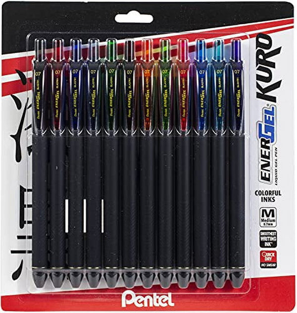 Pentel EnerGel Kuro jel Pen, (0.7mm) Medium line, Assorted  ,12 Pack (BL437R1BP12M)