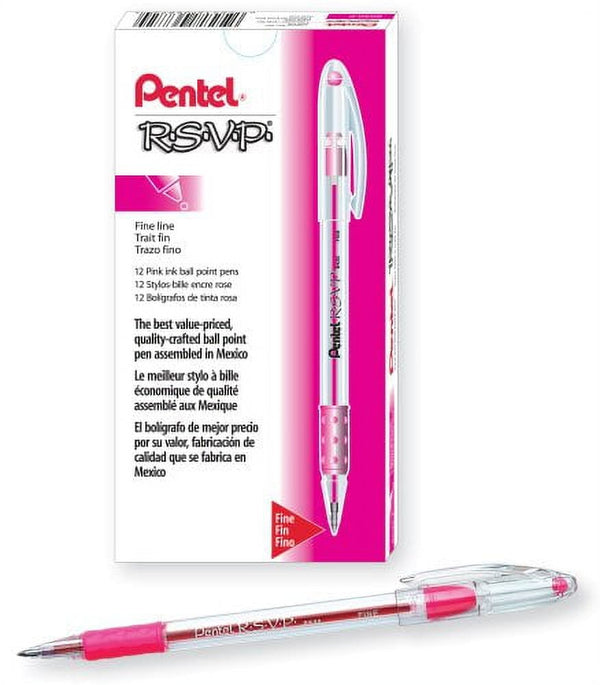 Pentel R.S.V.P. Ballpoint Pen, 0.7mm Fine Tip, Pink Ink, Box of 12 (BK90-P)