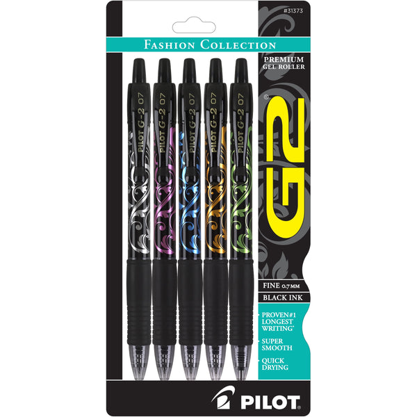 Pilot G2 Fashion Retractable Gel Ink Pens, Fine Point, Assorted Barrels, Black Ink, 5 Count