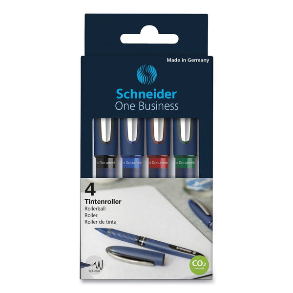 Schneider 183094 One Business Fine 0.6 mm Stick Rollerball Pen - Assorted Ink and Barrel Colors (4/Pack)