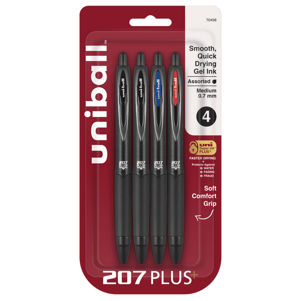 Uniball 207 Plus+ Gel Pens, Medium Point (0.7mm), Assorted Ink, 4 Count