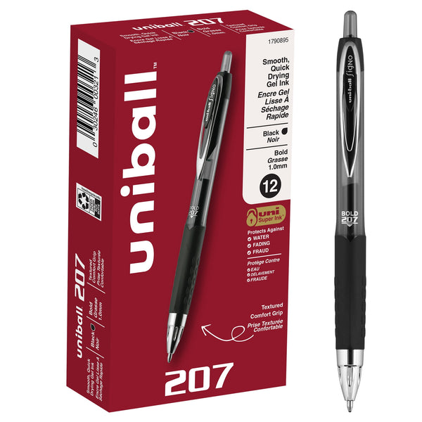Uniball 207 Retractable Gel Pens, Bold Point (1.0mm), Black Ink Gel Pens, 12 Count