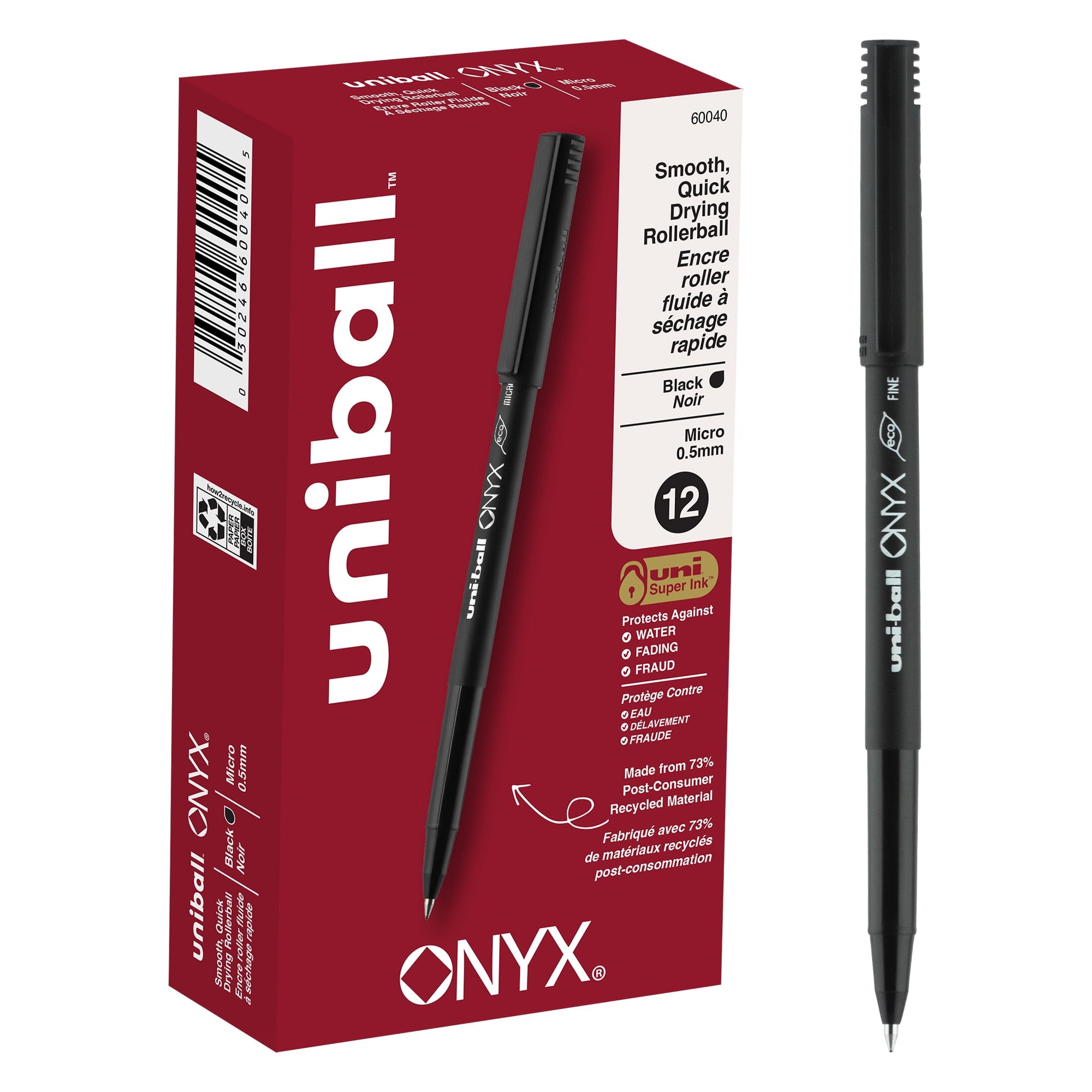Uniball ONYX Rollerball Pens, Micro Point (0.5mm), Black Ink, 12 Count