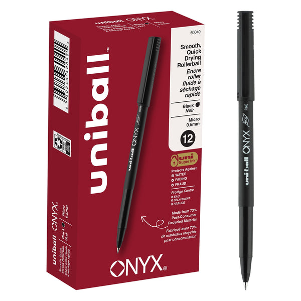 Uniball ONYX Rollerball Pens, Micro Point (0.5mm), Black Ink, 12 Count