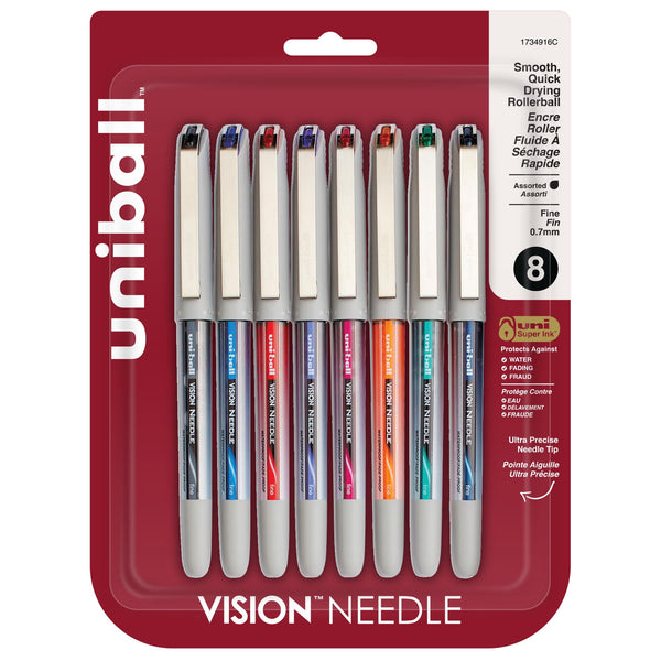 Uniball Vision Needle Rollerball Pens, Fine Point (0.7mm), Assorted Color Ink, 8 Count
