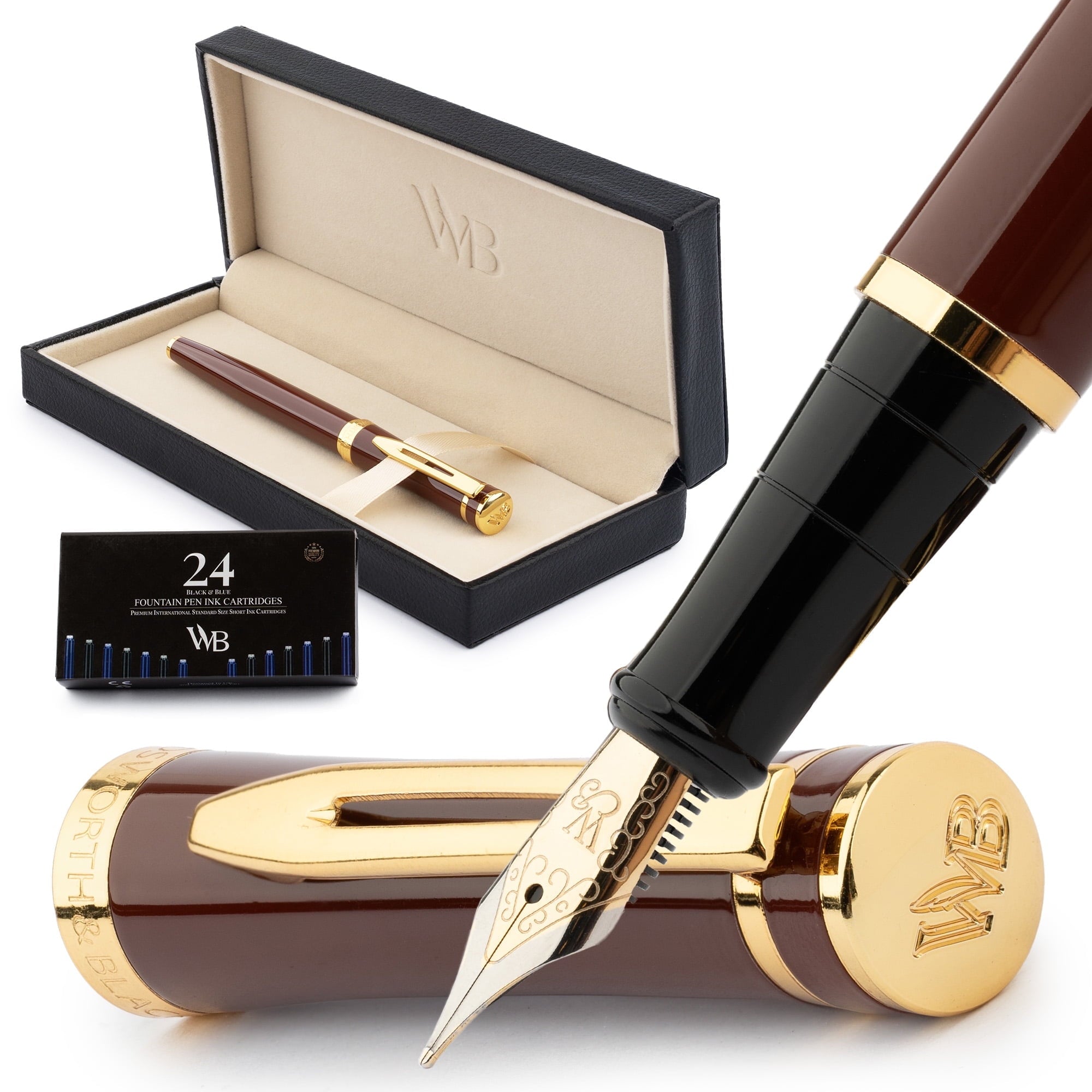 Wordsworth & Black Fountain Pen Set, 18K Gilded Fine Nib, Includes 24 Pack Ink Cartridges, Ink Refill Converter & Gift Box, Gold Finish, Calligraphy, [Silver Gold], Perfect for Men & Women