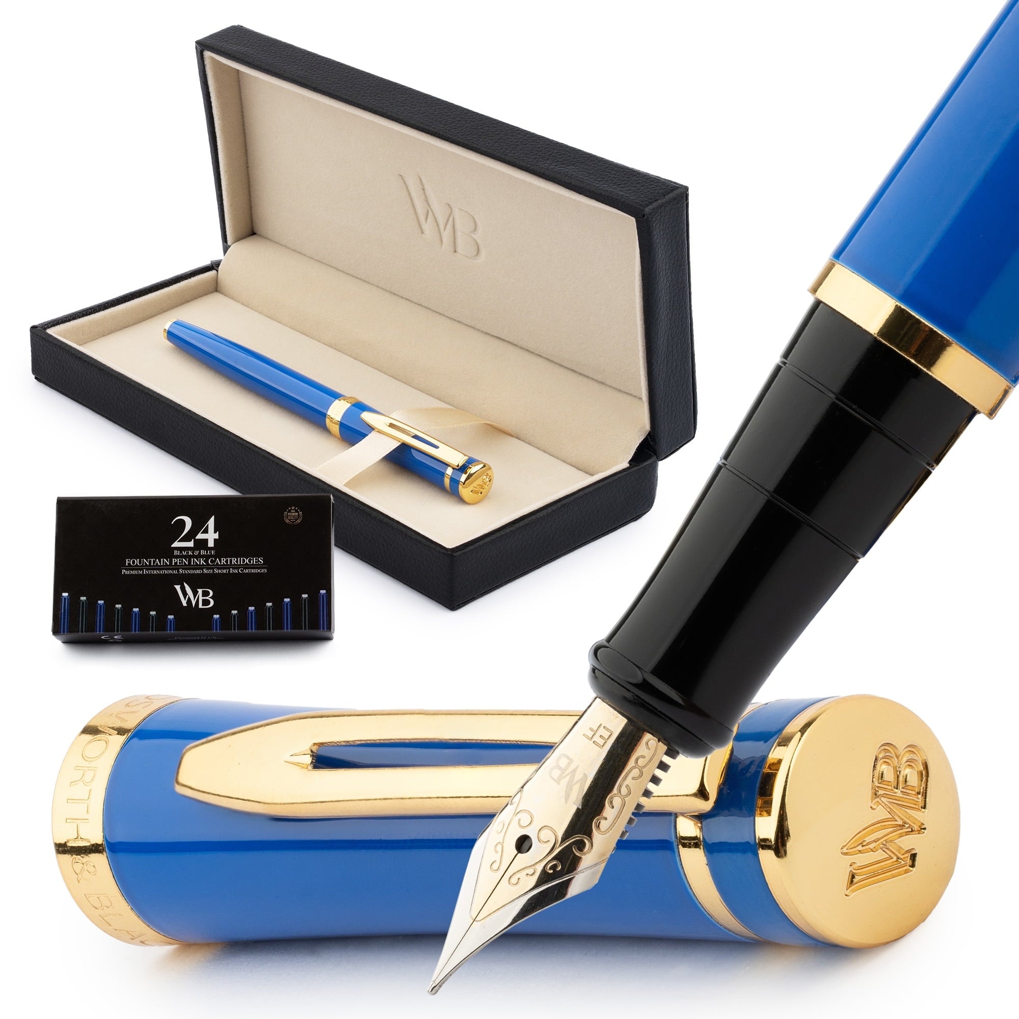 Wordsworth & Black Fountain Pen Set, 18K Gilded Fine Nib, Includes 24 Pack Ink Cartridges, Ink Refill Converter & Gift Box, Gold Finish, Calligraphy, [Silver Gold], Perfect for Men & Women