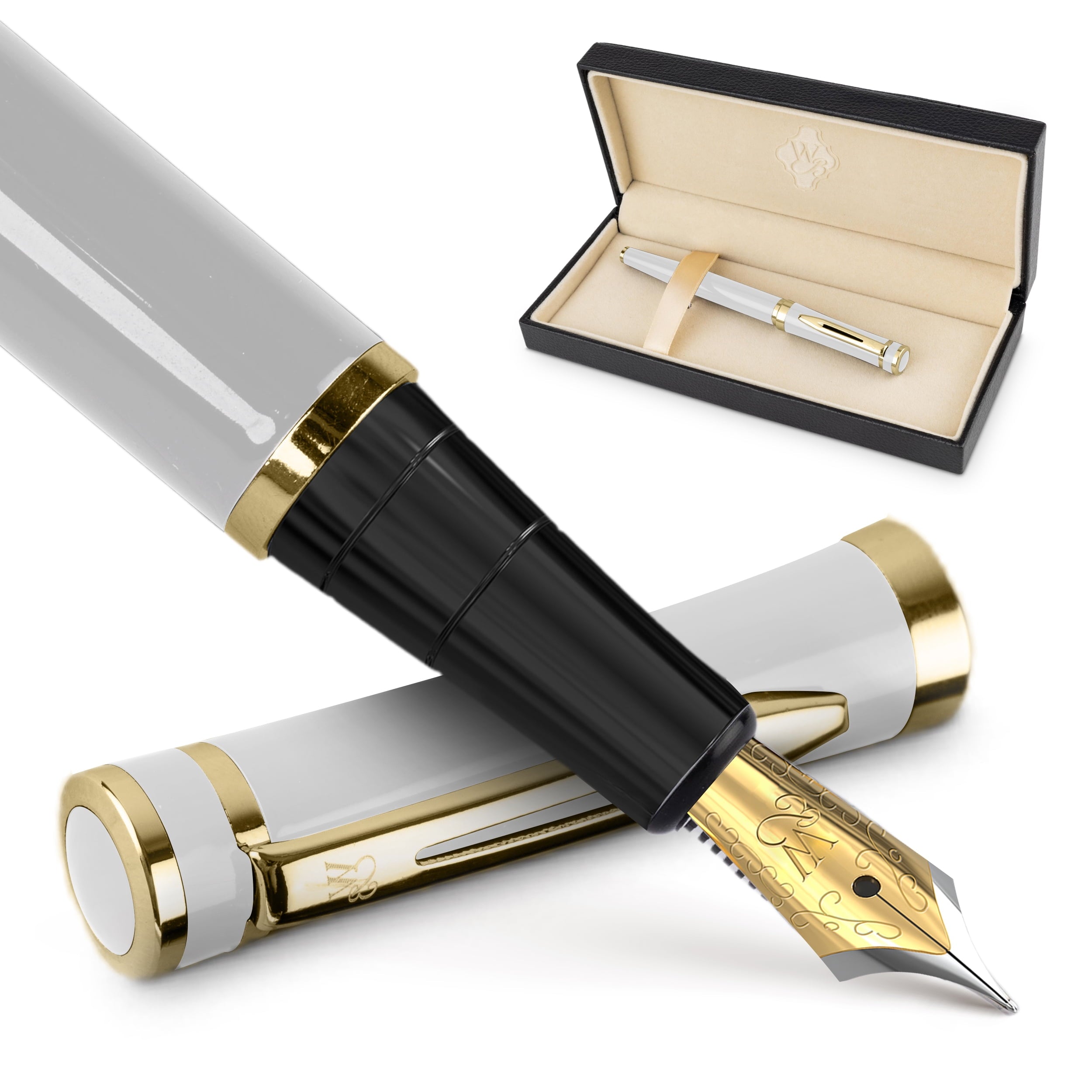 Wordsworth & Black Fountain Pen Set, 18K Gilded Fine Nib, Includes 24 Pack Ink Cartridges, Ink Refill Converter & Gift Box, Gold Finish, Calligraphy, [Silver Gold], Perfect for Men & Women