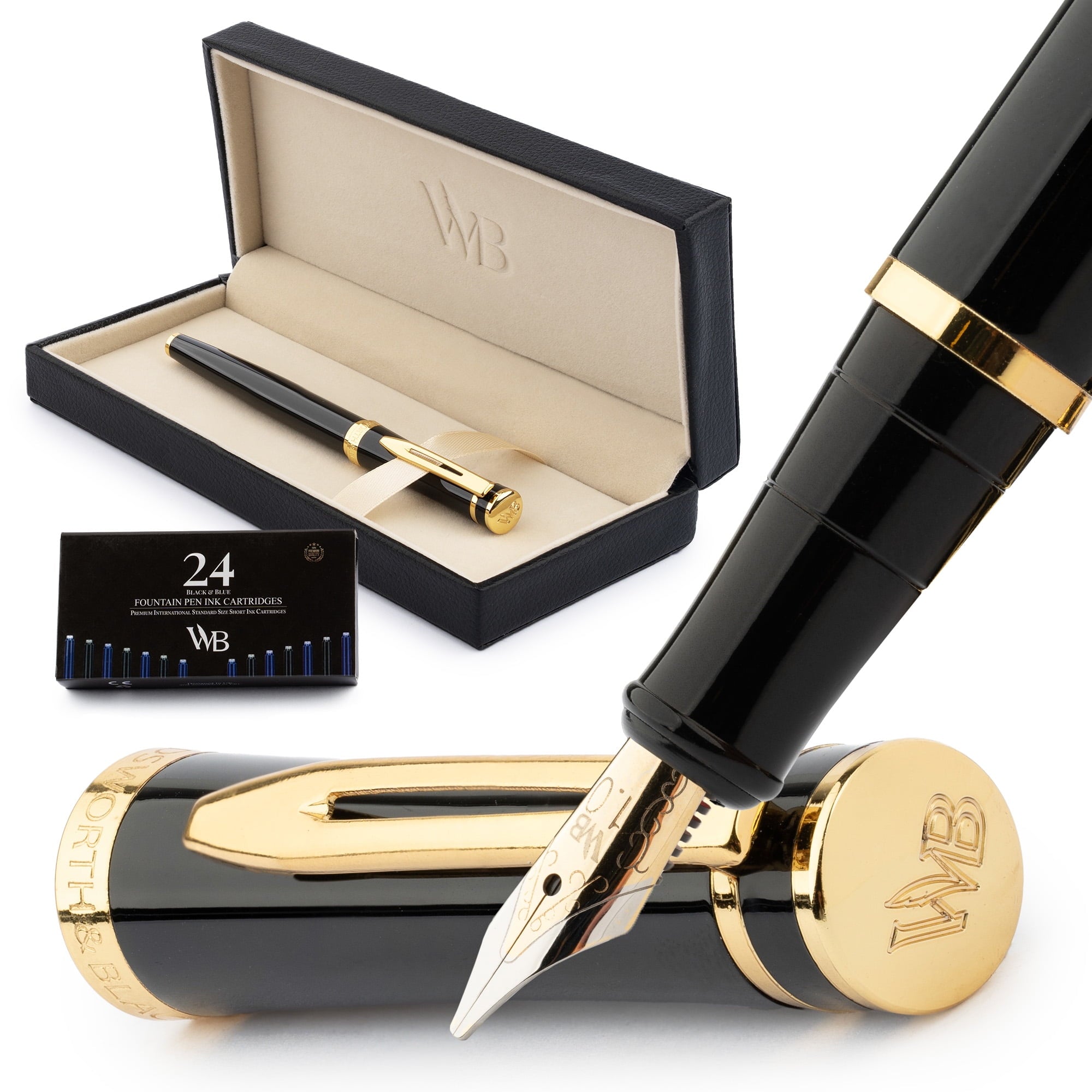 Wordsworth & Black Fountain Pen Set, 18K Gilded Fine Nib, Includes 24 Pack Ink Cartridges, Ink Refill Converter & Gift Box, Gold Finish, Calligraphy, [Silver Gold], Perfect for Men & Women