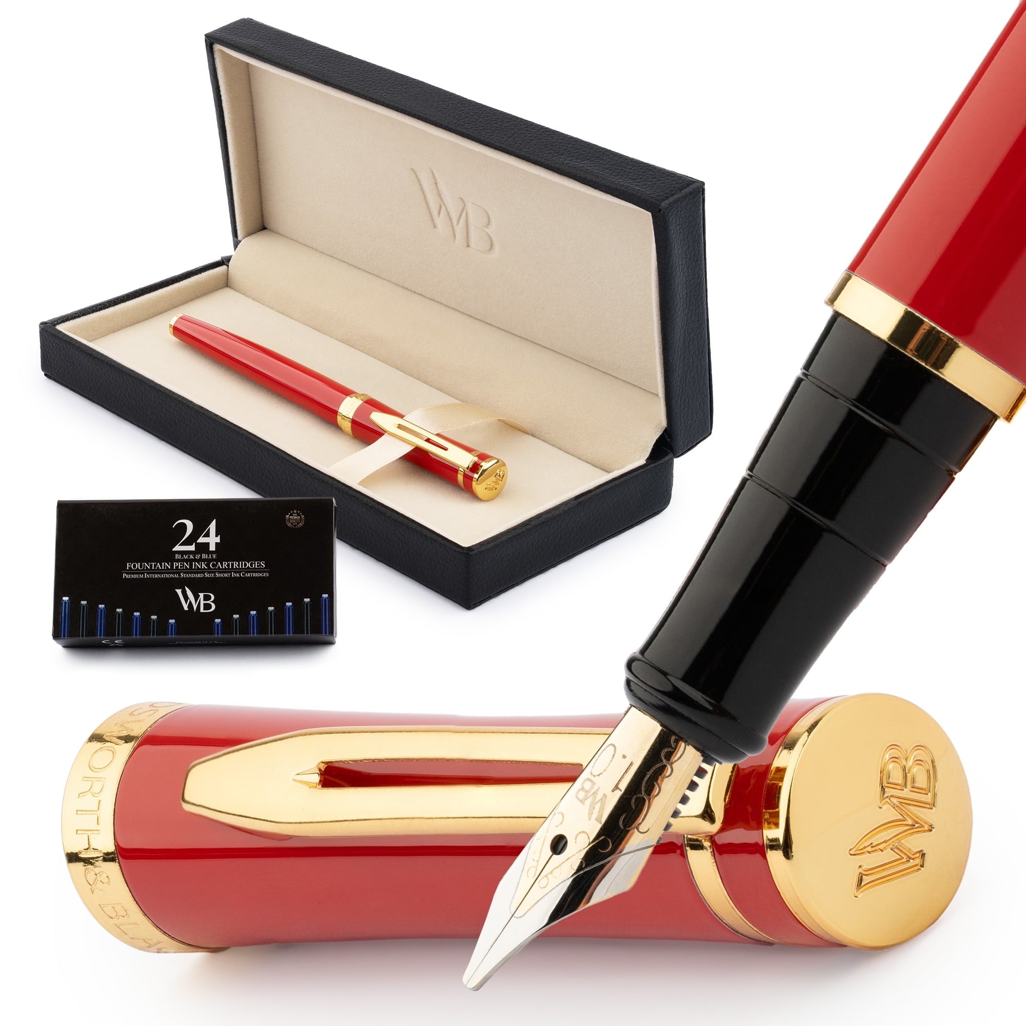 Wordsworth & Black Fountain Pen Set, 18K Gilded Fine Nib, Includes 24 Pack Ink Cartridges, Ink Refill Converter & Gift Box, Gold Finish, Calligraphy, [Silver Gold], Perfect for Men & Women
