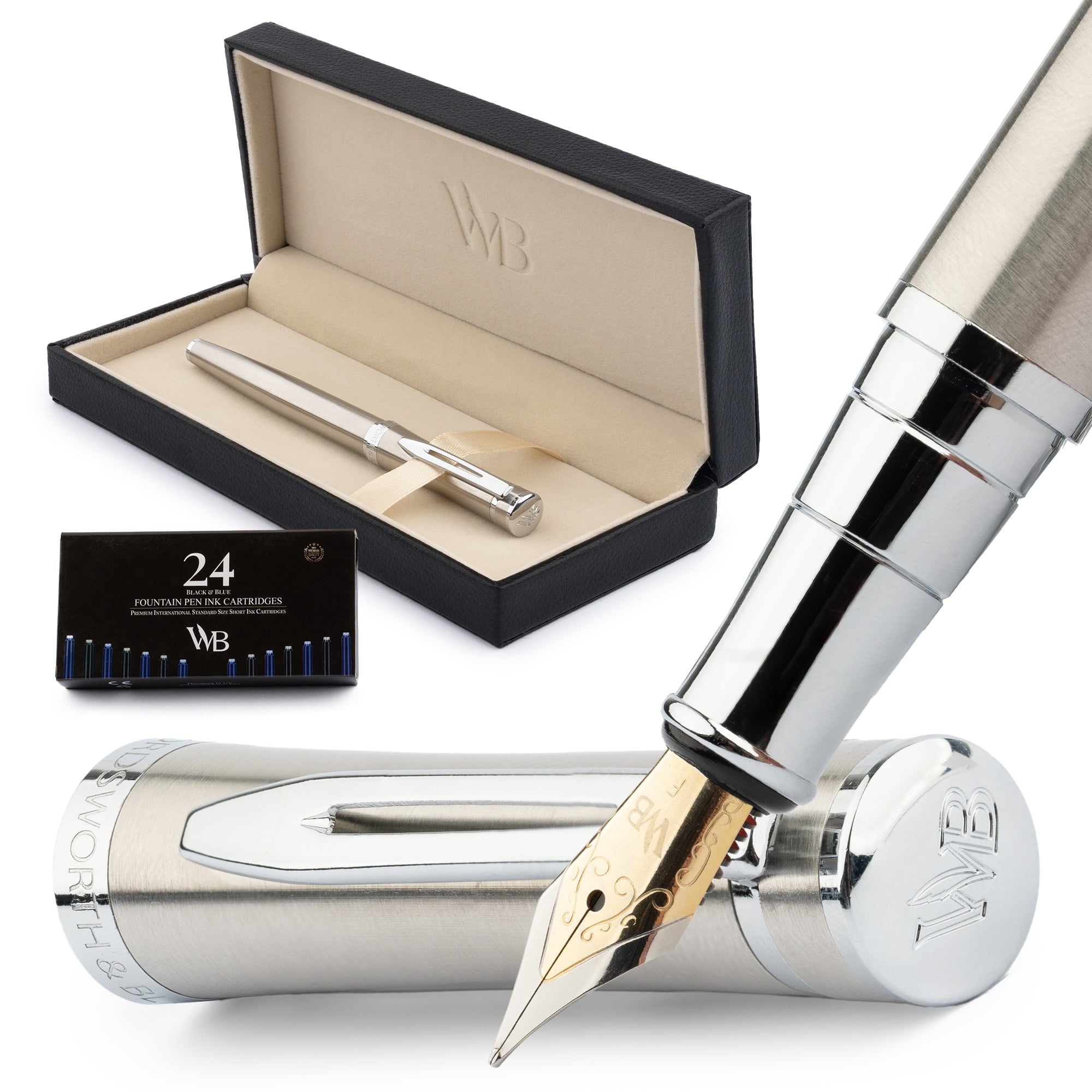 Wordsworth & Black Fountain Pen Set, 18K Gilded Fine Nib, Includes 24 Pack Ink Cartridges, Ink Refill Converter & Gift Box, Gold Finish, Calligraphy, [Silver Gold], Perfect for Men & Women