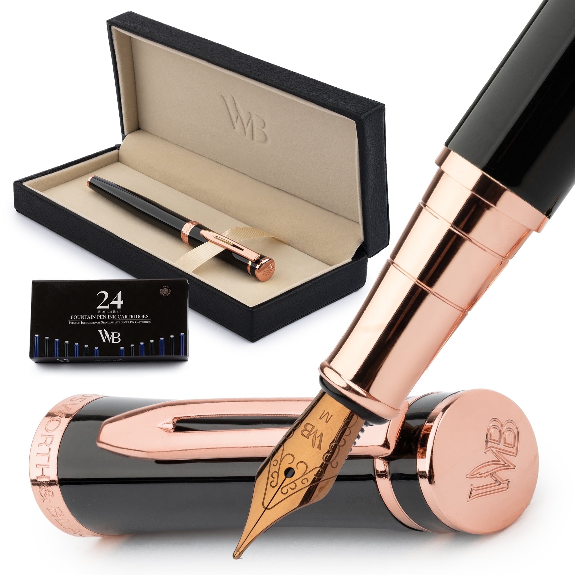 Wordsworth & Black Fountain Pen Set, 18K Gilded Fine Nib, Includes 24 Pack Ink Cartridges, Ink Refill Converter & Gift Box, Gold Finish, Calligraphy, [Silver Gold], Perfect for Men & Women