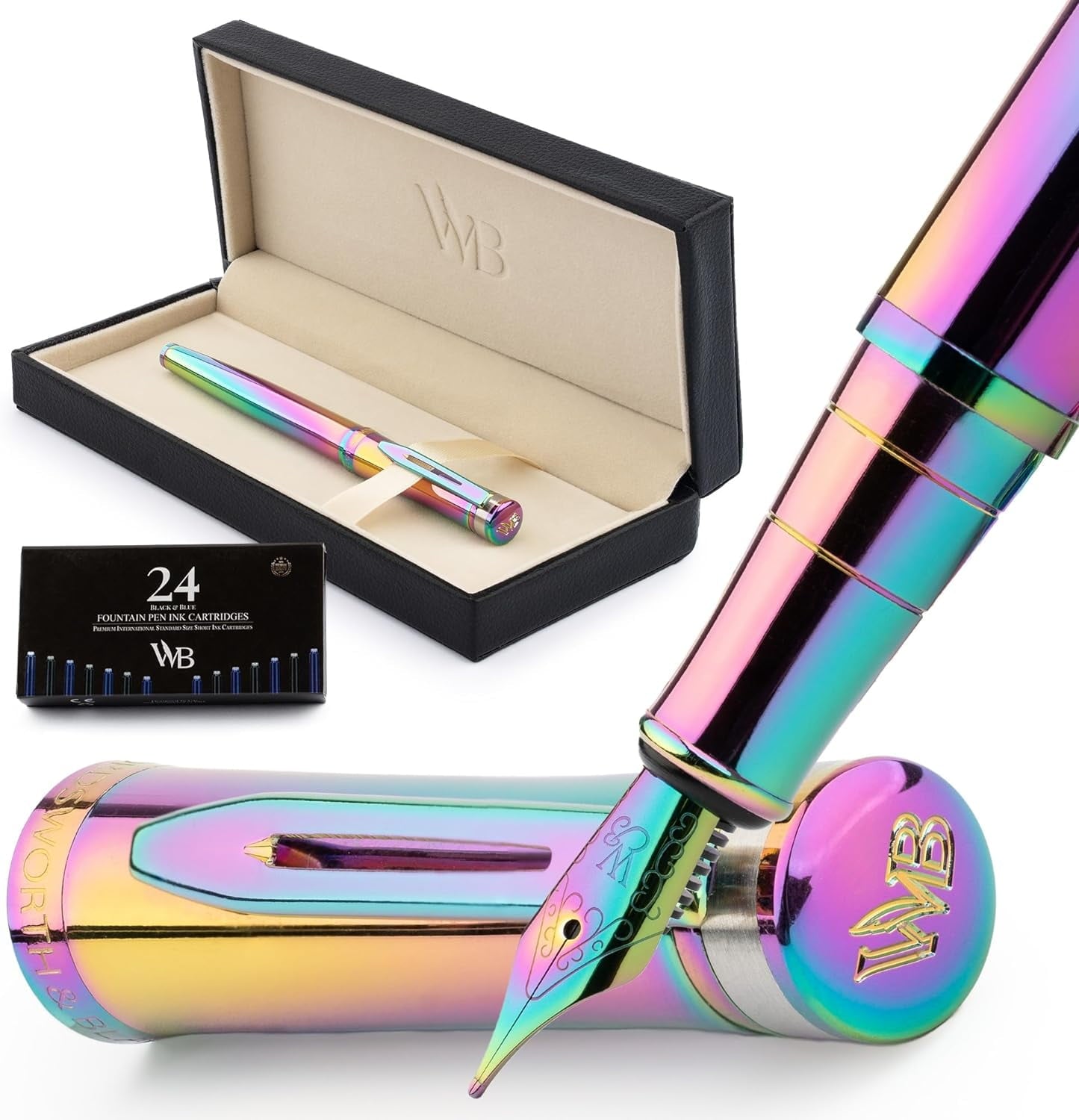 Wordsworth & Black Fountain Pen Set, 18K Gilded Fine Nib, Includes 24 Pack Ink Cartridges, Ink Refill Converter & Gift Box, Gold Finish, Calligraphy, [Silver Gold], Perfect for Men & Women