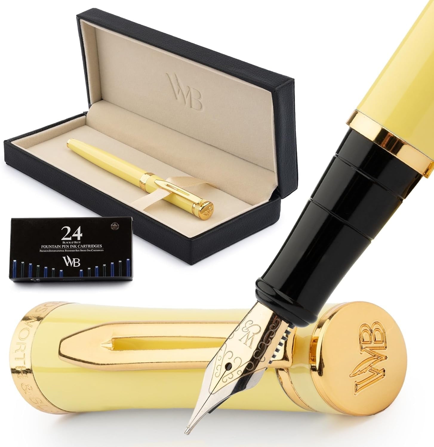 Wordsworth & Black Fountain Pen Set, 18K Gilded Fine Nib, Includes 24 Pack Ink Cartridges, Ink Refill Converter & Gift Box, Gold Finish, Calligraphy, [Silver Gold], Perfect for Men & Women