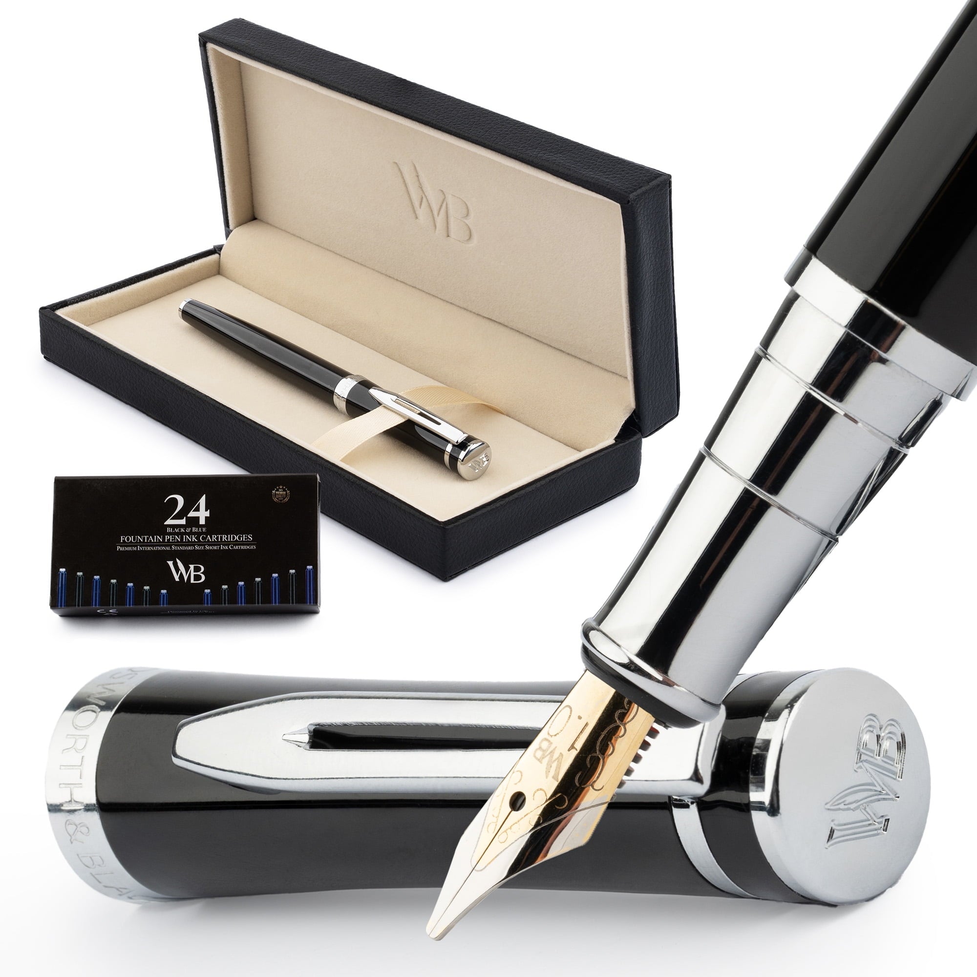 Wordsworth & Black Fountain Pen Set, 18K Gilded Fine Nib, Includes 24 Pack Ink Cartridges, Ink Refill Converter & Gift Box, Gold Finish, Calligraphy, [Silver Gold], Perfect for Men & Women