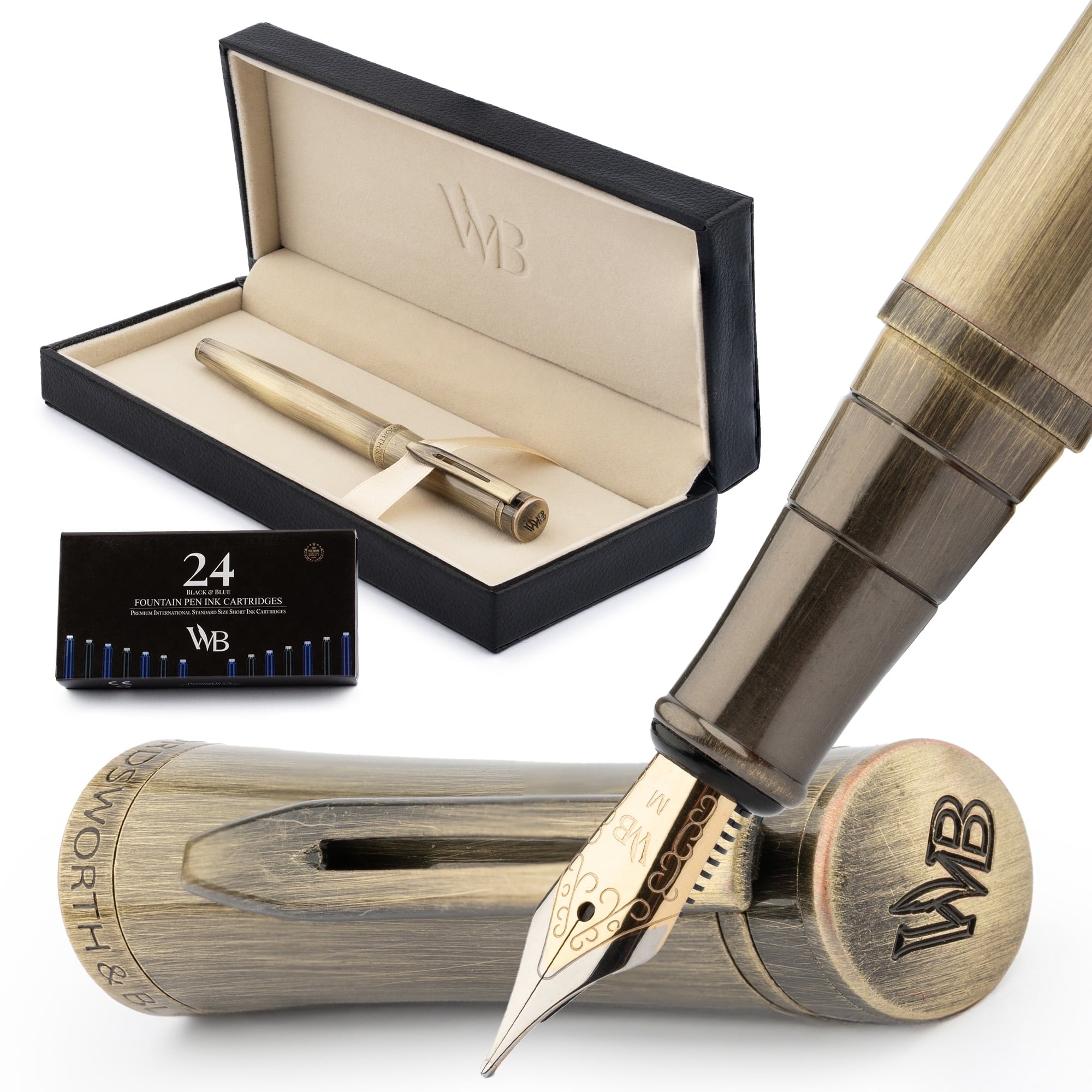 Wordsworth & Black Fountain Pen Set, 18K Gilded Fine Nib, Includes 24 Pack Ink Cartridges, Ink Refill Converter & Gift Box, Gold Finish, Calligraphy, [Silver Gold], Perfect for Men & Women