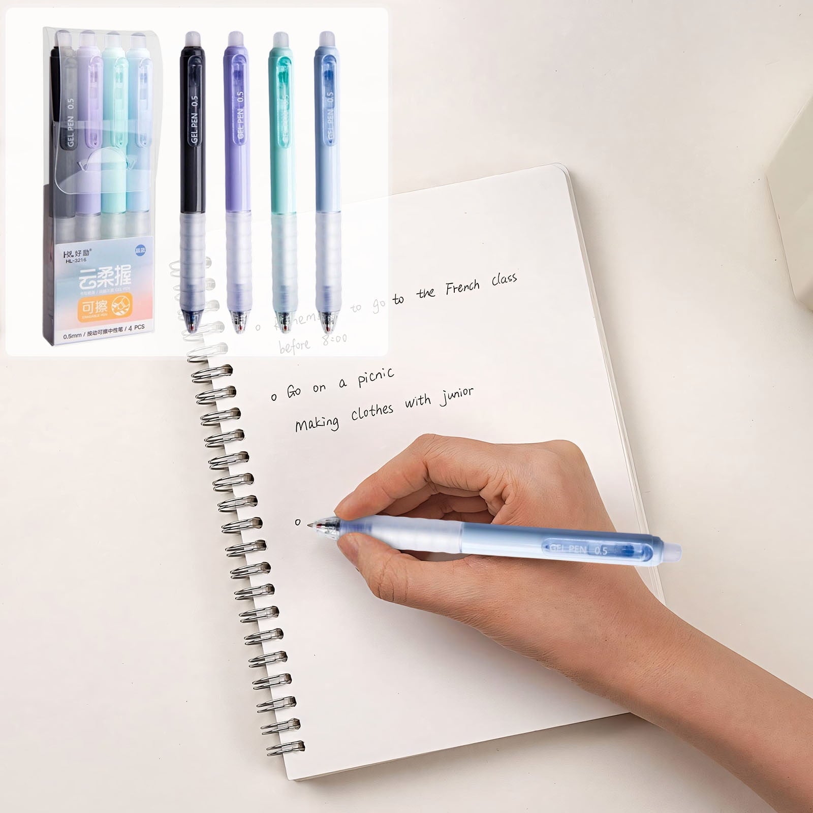 HongHeng Erasable Pens Blue Ink Gel Pen with Eraser Clear, 0.5mm Fine Point, Smooth Writing for Note Taking Marking Planner Crossword Puzzles (4PCS)