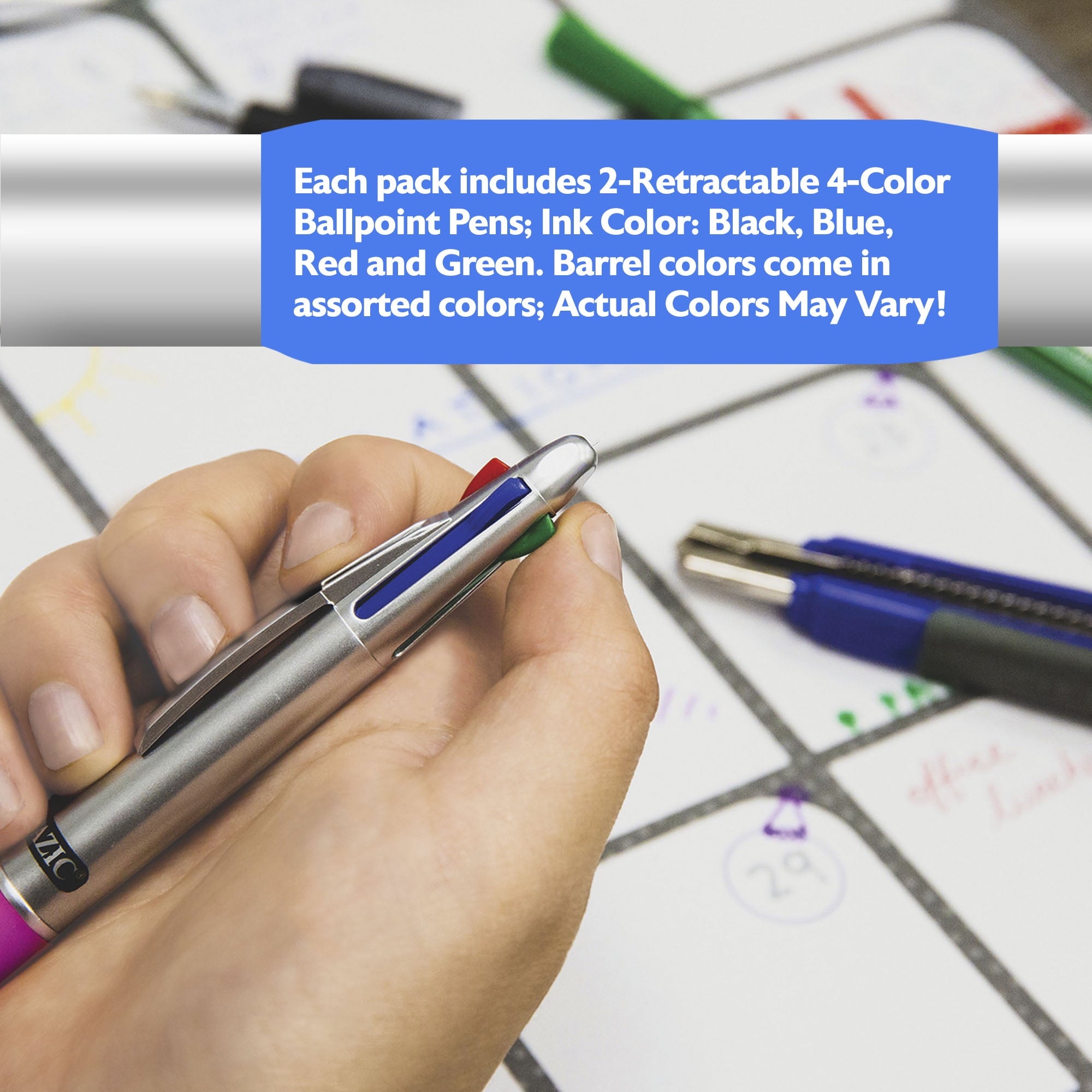 BAZIC Ballpoint 4-Color Retractable Pen Soft Grip, 1.0mm, (2/Pack), 4-Pack