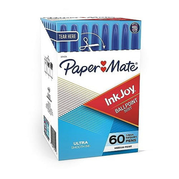 Paper Mate® InkJoy 50ST Stick Ballpoint Pens, Medium Point, 1.0 mm, Clear Barrels, Blue Ink, Box of 60