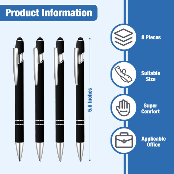 FareCo Stylus Ballpoint Pens, 8-Pack, Black, 2-in-1 Retractable Design, Touchscreen Compatible