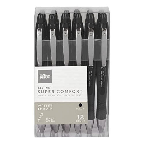 Office Depot Super Comfort Grip Retractable Gel Pens, Medium Point, 0.7 mm, Black Barrel, Black Ink, Pack Of 12