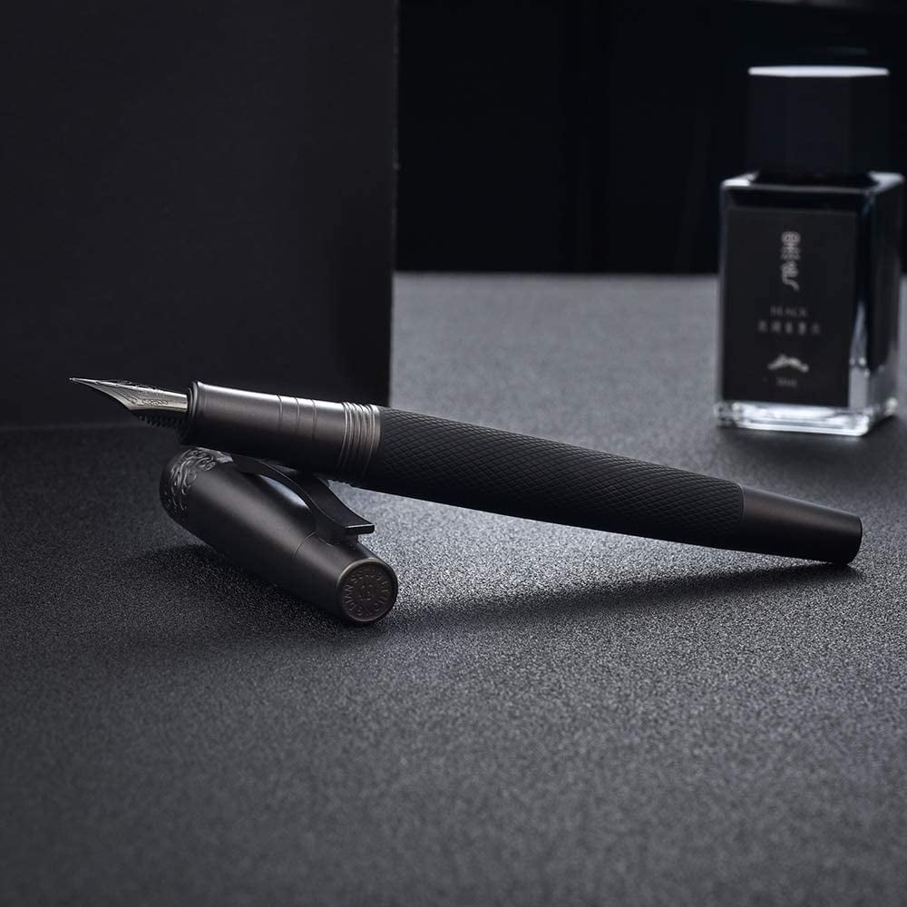 Pure Black Solid Metal 6013 Fountain Pen Fine Nib, Senior General Ink Converter Pen Metal Box by Hongdian