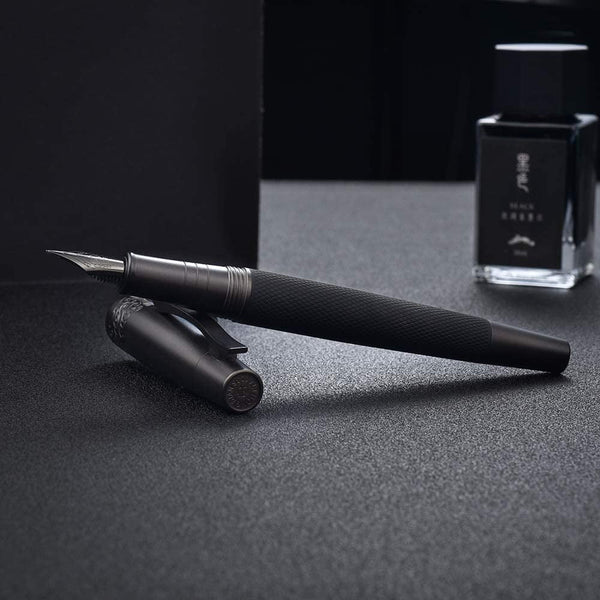 Pure Black Solid Metal 6013 Fountain Pen Fine Nib, Senior General Ink Converter Pen Metal Box by Hongdian