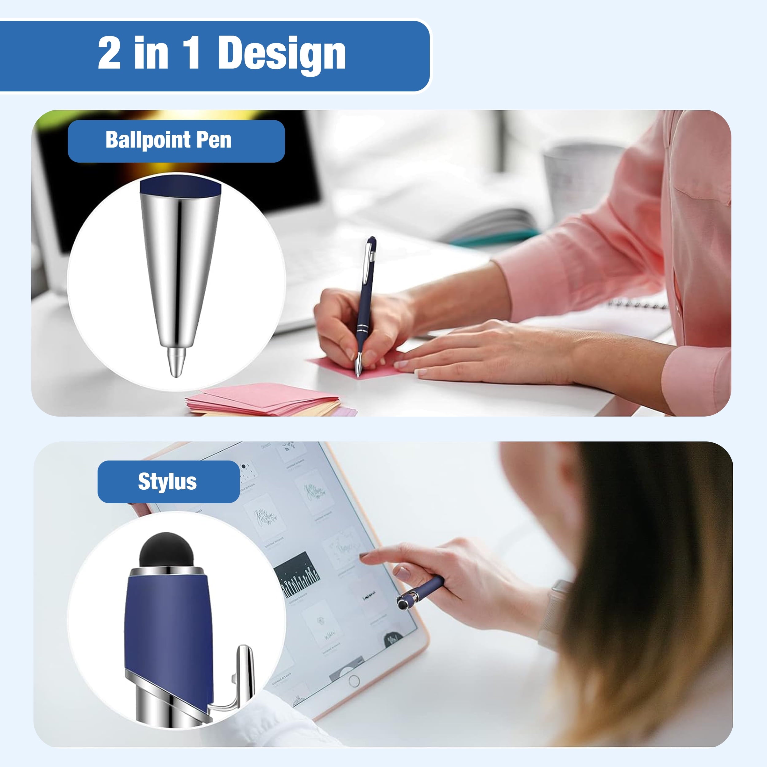 FareCo Stylus Ballpoint Pens, 8-Pack, Black, 2-in-1 Retractable Design, Touchscreen Compatible