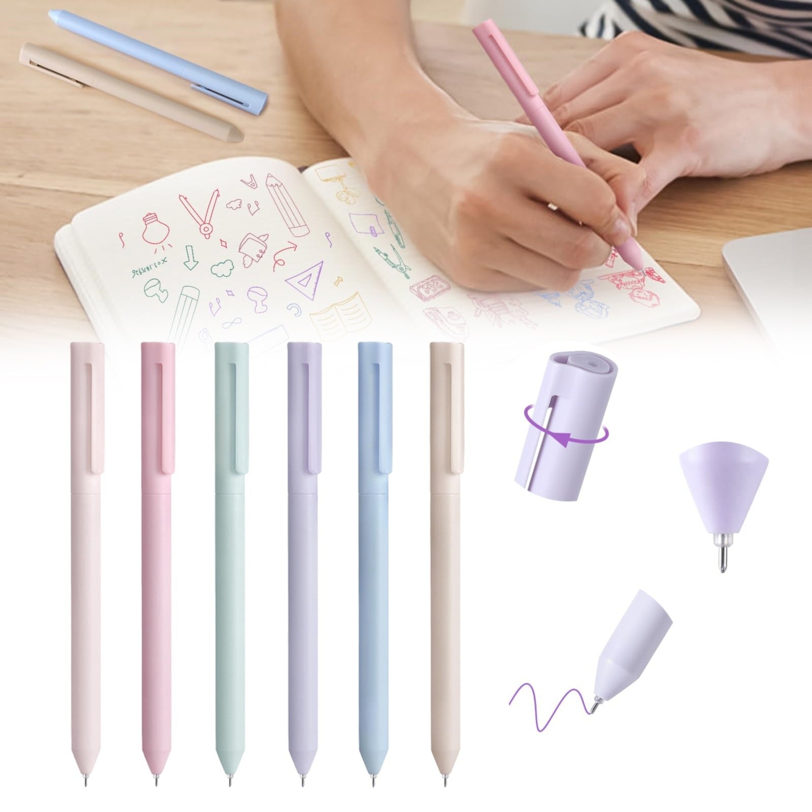 6PCS Colored Gel Pens for Journaling, Pastel Gel Pens Colored Ink Quick Dry & No Smear, Retractable Cute Pen Fine Point 0.5mm for Note Taking, Aesthetic Gel Ink Pens Smooth Writing Stationery