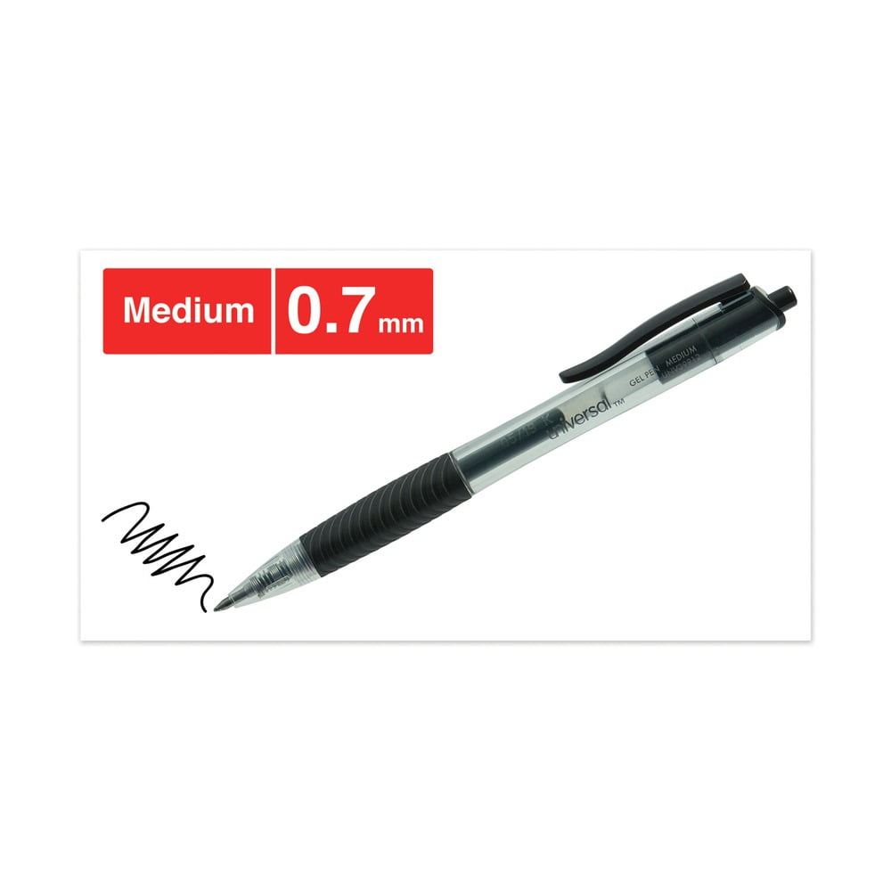Universal UNV39912 0.7 mm. Medium Comfort Grip Retractable Gel Pen - Black Ink, Clear/Black Barrel (1-Dozen)