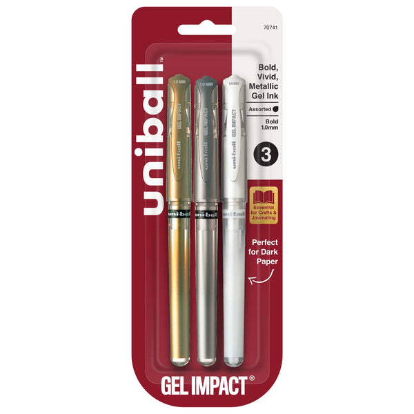 uniball™ Gel Impact Pens, Bold Point (1.0mm), Assorted Metallic, 3 Pack WTU